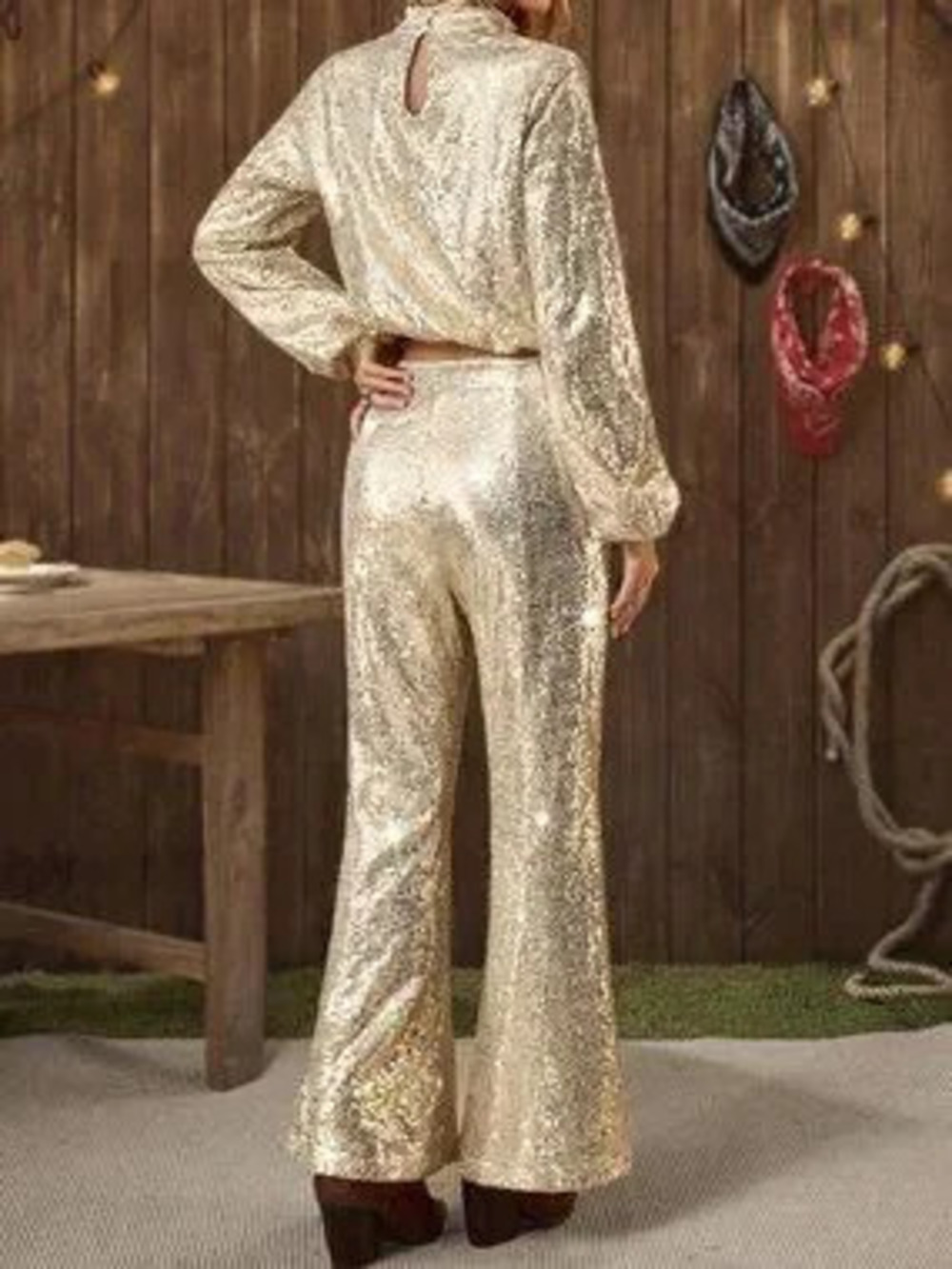 ZARA Champagne Party Women's Collar Puff Sleeve Sequin Flare Pants Set